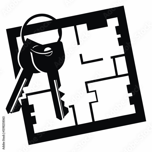 House keys on top of floor plan black and white icon