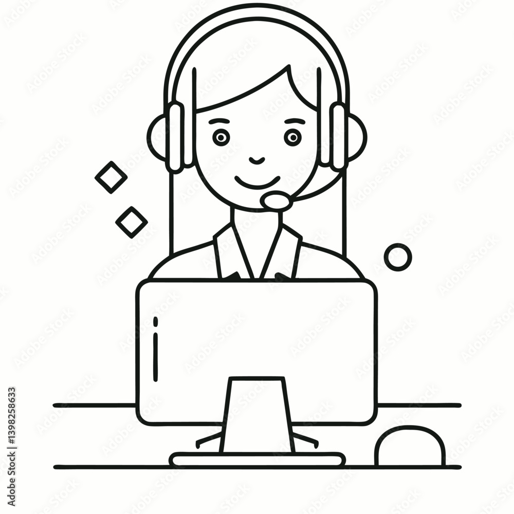 Cartoon businessman character with headset working on laptop at office desk in call center coloring page Cartoon businessman character with headset working on laptop at office desk in call center coloring page