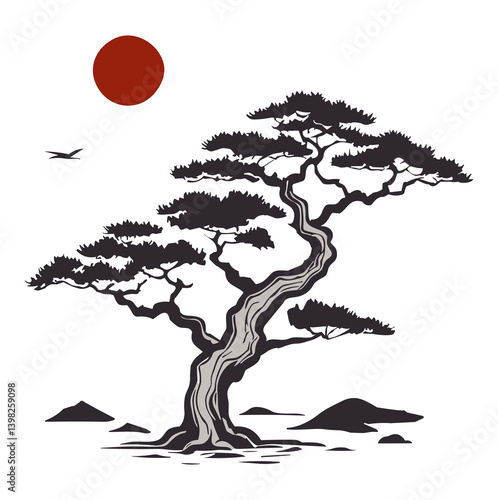 Japanese aesthetic bonsai tree art for oriental greeting card, embodying beauty, harmony, and cultural richness with rising sun and bird in minimalist design