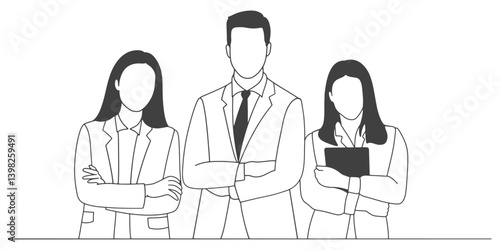 line art drawing of business man and business woman. Business people group line art drawing vector illustration.