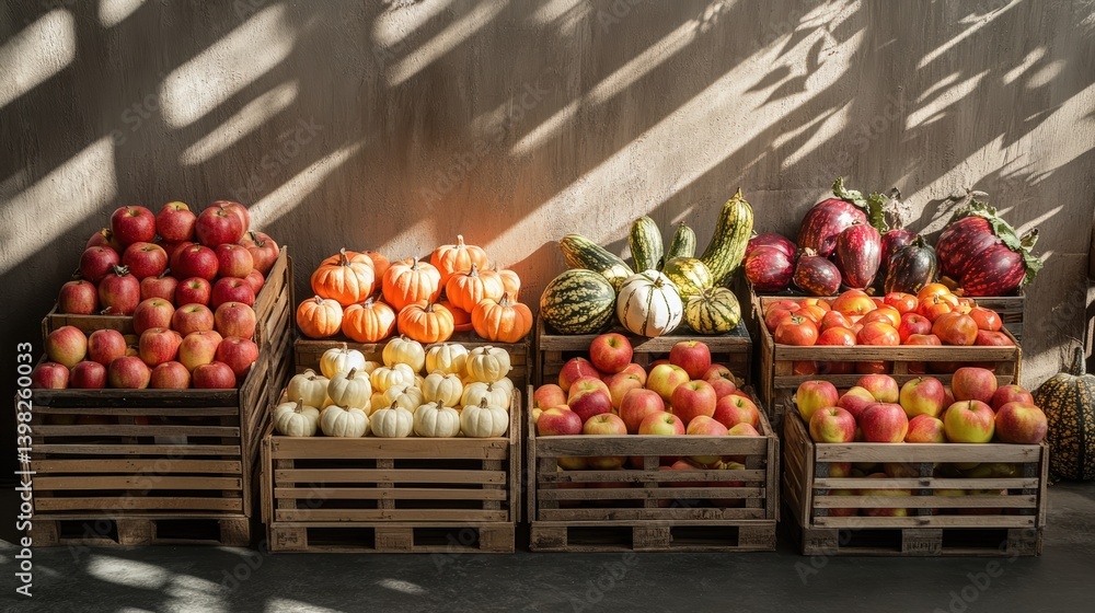 Rustic wooden crates display early autumn harvest. Pumpkins, apples and ornamental gourds at weekend farmer's market. Seasonal bounty and traditional agricultural heritage for fall celebration decor. Rustic wooden crates display early autumn harvest. Pumpkins, apples and ornamental gourds at weekend farmer's market. Seasonal bounty and traditional agricultural heritage for fall celebration decor.