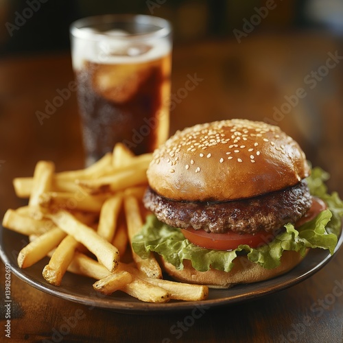 Classic beef burger with lettuce, tomato, and sesame seed bun served with crispy French fries and a cold soda on a ceramic plate – perfect American fast food meal.