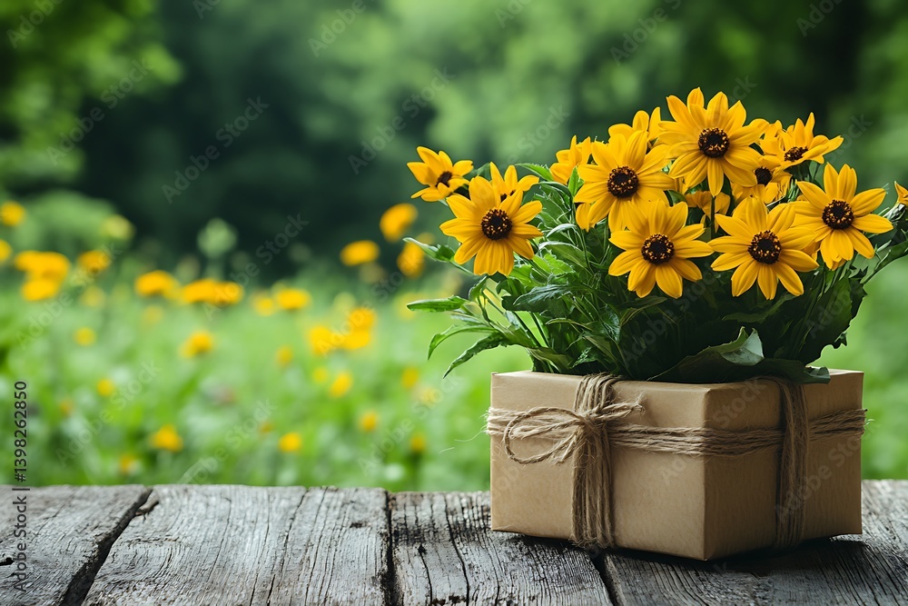 Fototapeta premium Yellow Flowers Gift Box Woods