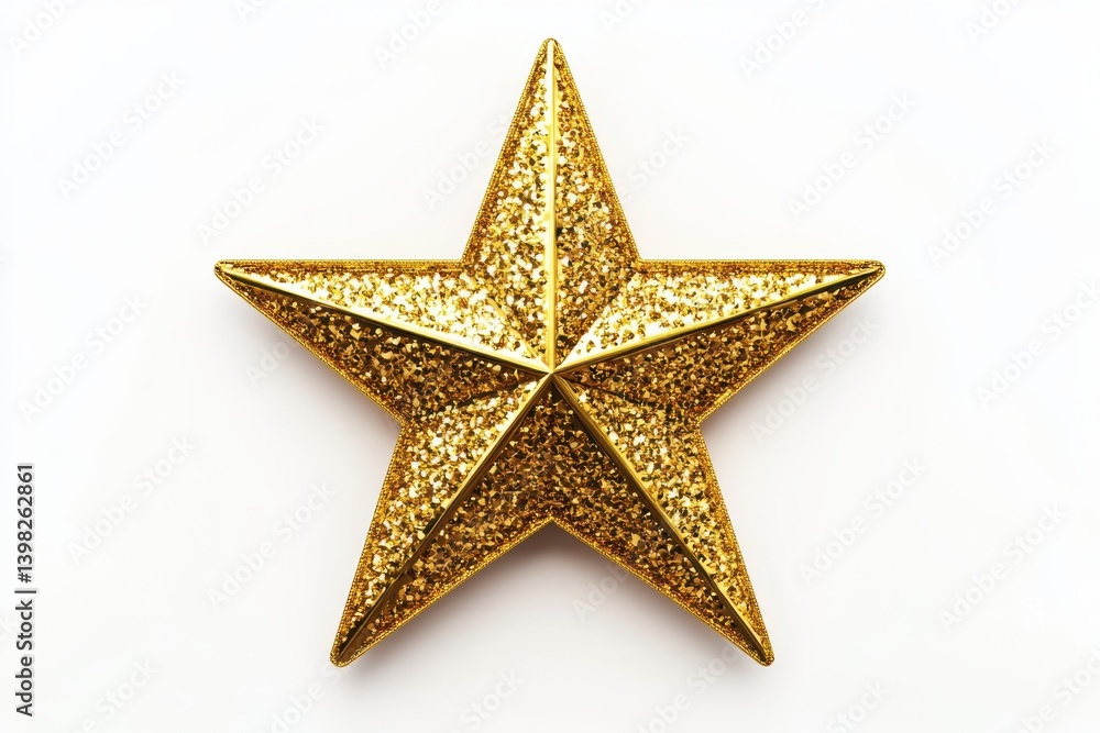A single golden star with glitter on a plain white surface close up view A single golden star with glitter on a plain white surface close up view