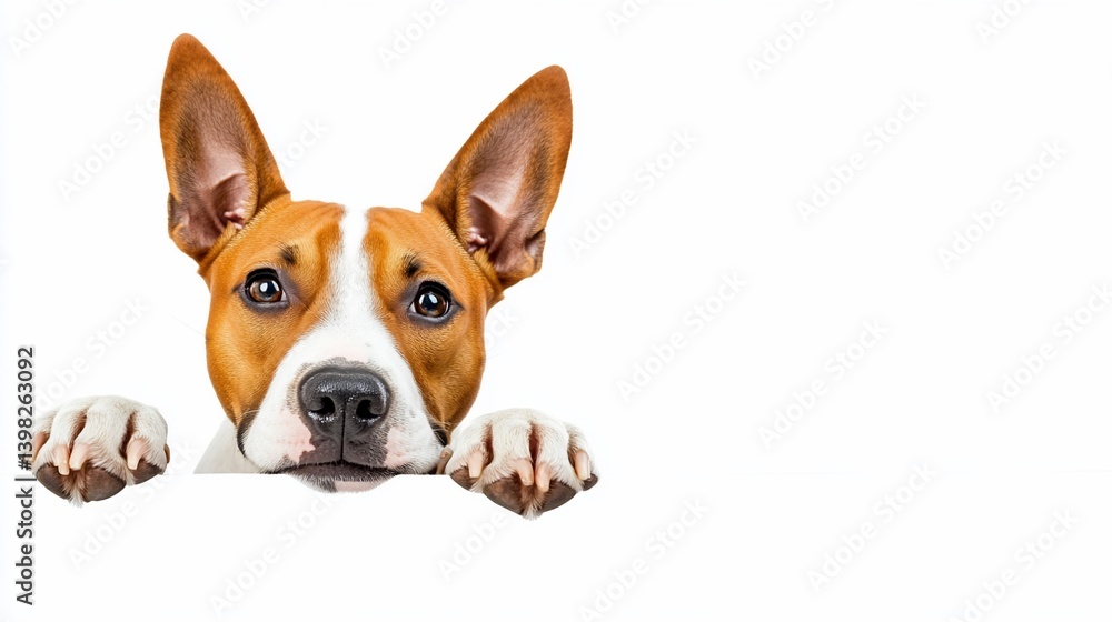 Cute dog peeking over white background, paws visible. Cute dog peeking over white background, paws visible.