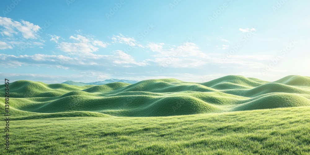 Rolling Green Hills Covered in Grass Under a Blue Sky with Scattered Clouds. Rolling Green Hills Covered in Grass Under a Blue Sky with Scattered Clouds.