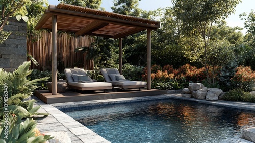 Tranquil backyard poolside lounge area with wooden pergola, comfortable chaise lounges, lush tropical plants, and stonework.