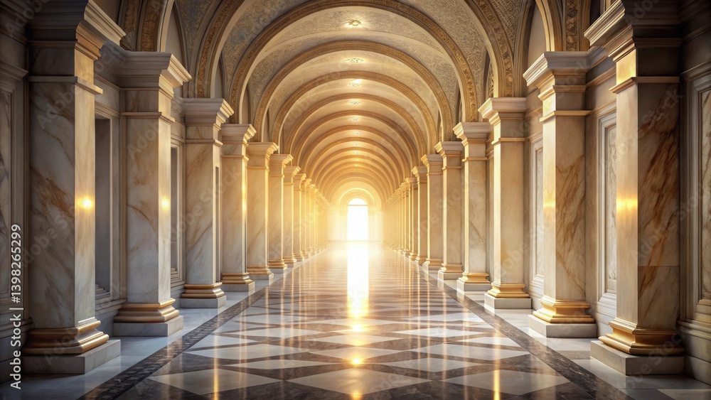 Obraz premium A Majestic Hallway with Golden Accents and Marble Pillars, Bathed in Warm Sunlight Leading to a Bright Entrance