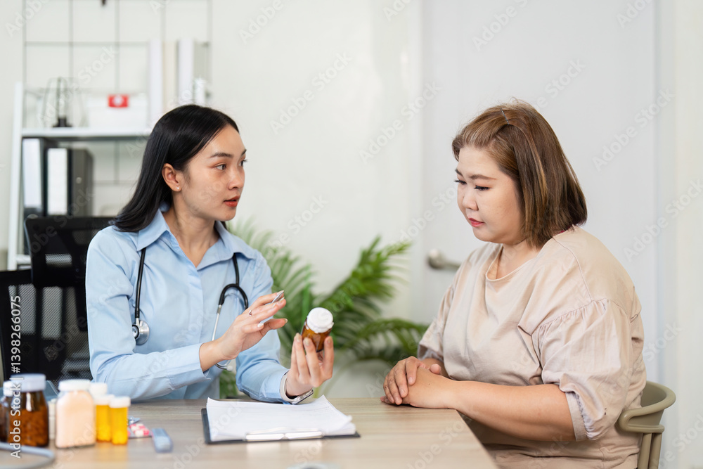 Healthcare and Consultation. A healthcare professional providing medication advice to a patient in a clinical consultation setting. Healthcare and Consultation. A healthcare professional providing medication advice to a patient in a clinical consultation setting.