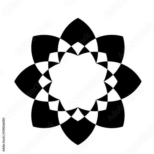 A black, eight-petal, concentric rounded flower vector logo