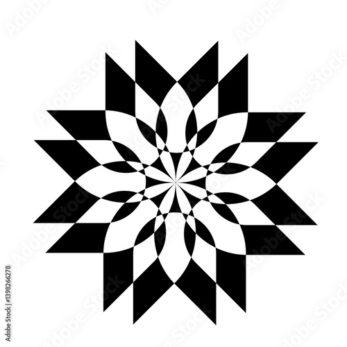 A black, sixteen-petal, flower vector logo
