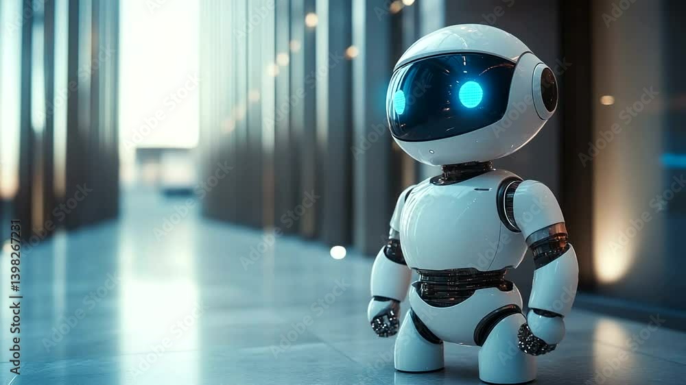 Friendly robot stands in modern city hallway Friendly robot stands in modern city hallway