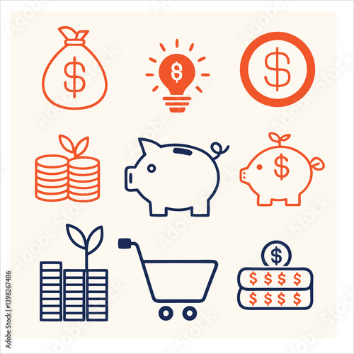 Pink piggy bank icon set represents savings and finance business.