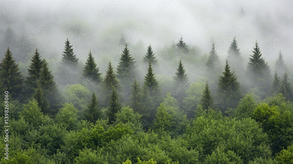 Fototapeta premium Misty mountain forest with evergreen trees shrouded in fog.