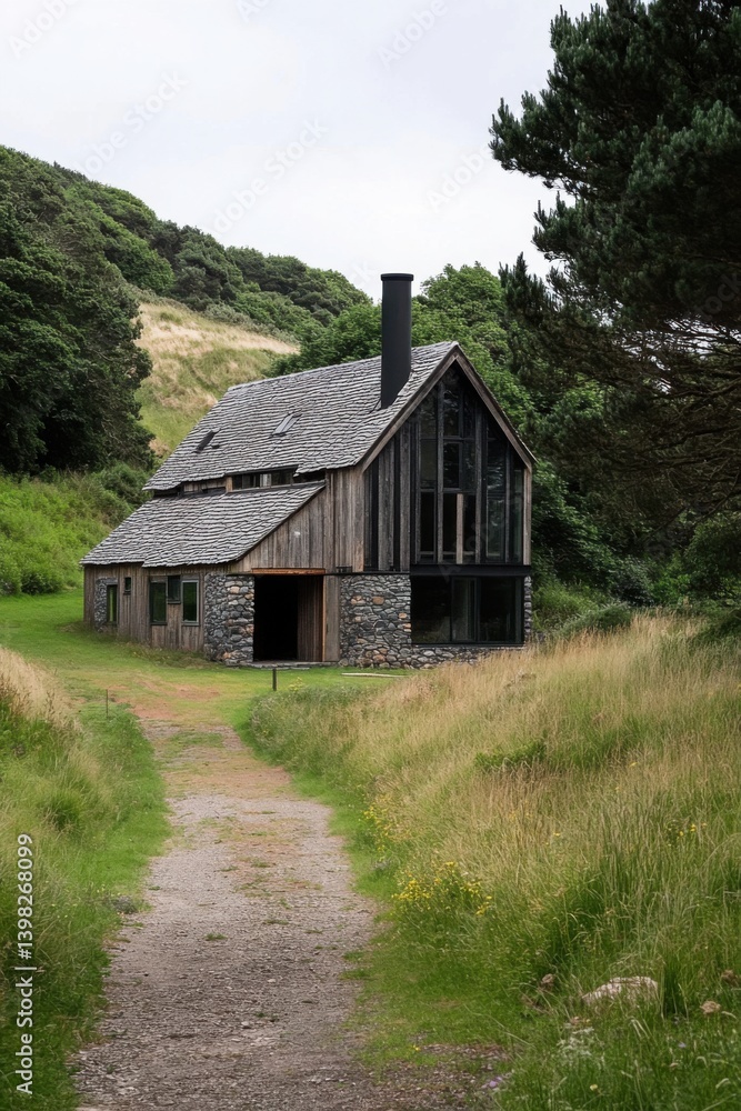 Modern cabin surrounded by lush greenery in a serene landscape with a gravel path leading to the entrance during an overcast day Modern cabin surrounded by lush greenery in a serene landscape with a gravel path leading to the entrance during an overcast day