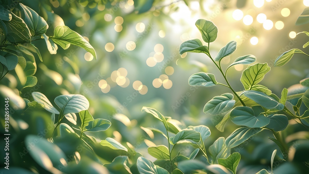 Obraz premium Fresh Green Leaves with Sunlight Bokeh – Nature Inspired Background