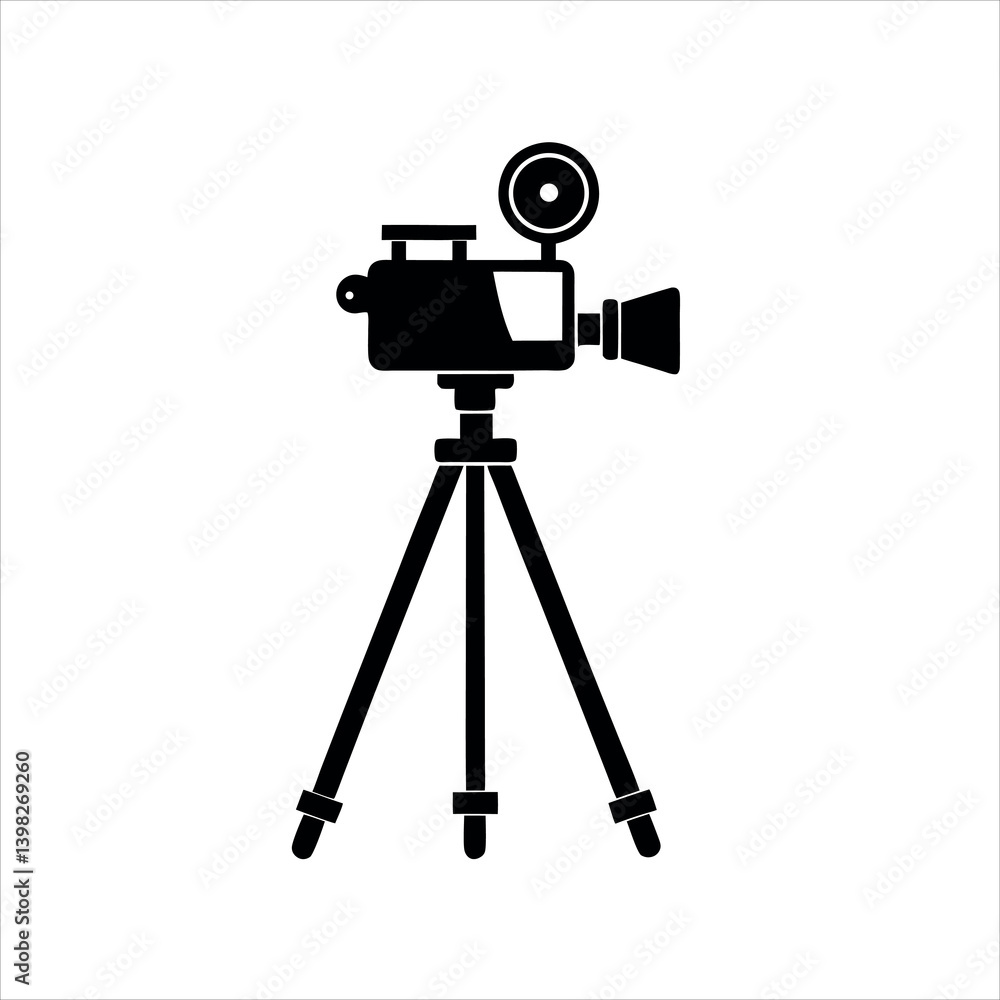 Professional black digital video camera on a metal tripod stand isolated for studio photography equipment. Professional black digital video camera on a metal tripod stand isolated for studio photography equipment.