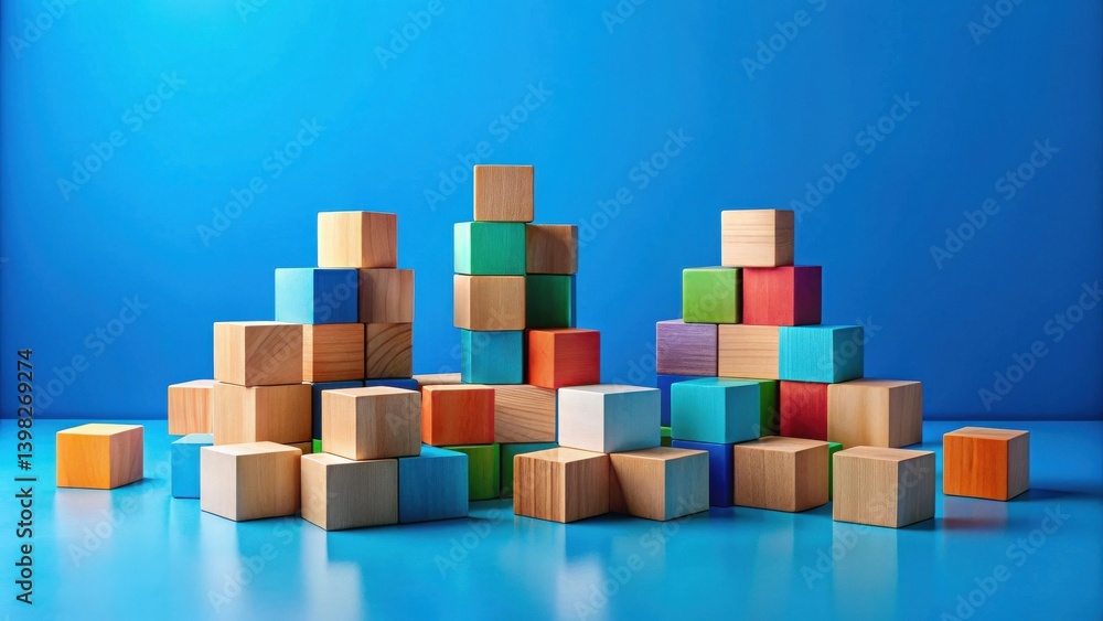 Colorful Wooden Blocks Arranged in Asymmetrical Stacks Against a Vibrant Blue Background Colorful Wooden Blocks Arranged in Asymmetrical Stacks Against a Vibrant Blue Background