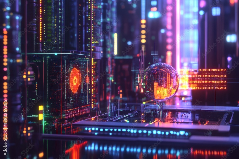 Fototapeta premium Futuristic city landscape with glowing technology and digital patterns at night