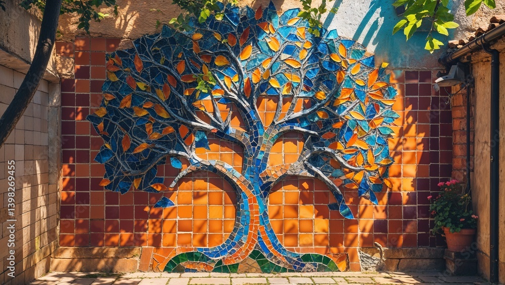 Obraz premium Colorful Mosaic Tree of Life, blue and orange, outdoor wall art against brick wall