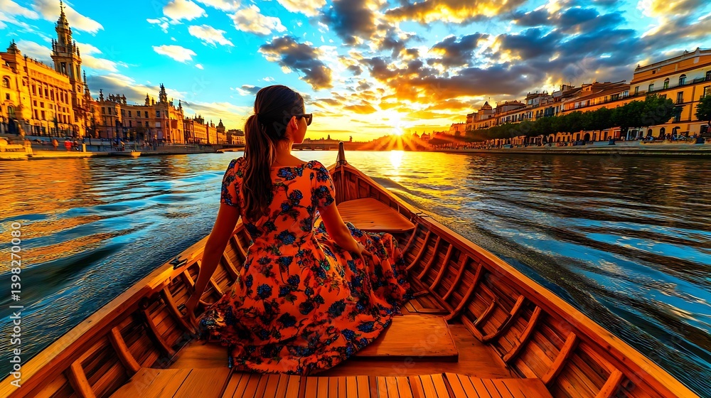 Fototapeta premium Sunset Cruise in Seville: Woman in Floral Dress Enjoying a Serene Boat Ride