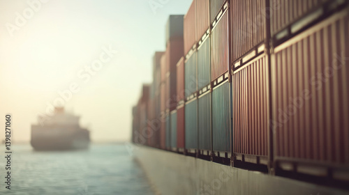 Two cargo ships at sunrise on calm reflective ocean surface