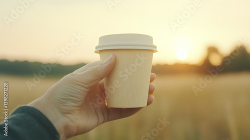 Hand holding eco cup at golden hour in natural landscape