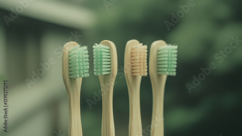 Eco bamboo toothbrushes with pastel bristles outdoors