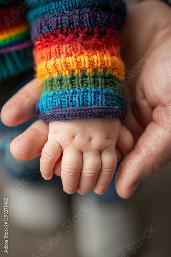 Close-up of baby hand in rainbow sweater held by adult hand