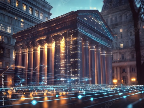 A stock market chart with a huge bank building in the background.