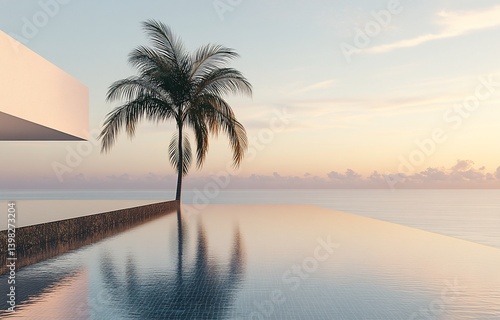 Minimalist modern architecture by ocean, palm tree reflecting in infinity pool at sunset.