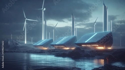 Futuristic energy facility by the sea, with wind turbines and glowing structures under a dramatic sky.