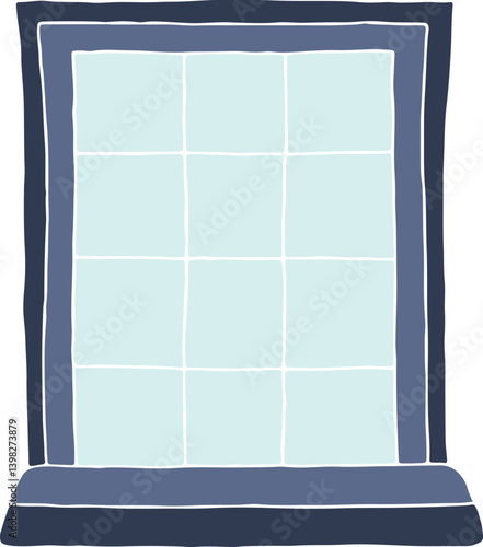 rectangular french window frame with sill with shades of blue flowers without contour lines, casually hand drawn