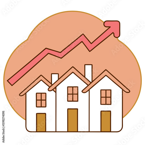 Real estate market growth icon with rising arrow and houses