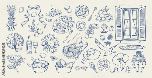 Mediterranean summer set. Vintage Italian summer hand drawn vector ink doodle. Coastal picnic elements, food, breakfast, snacks. Dolce vita whimsical sketch for restaurant menu, packaging, and cards.
