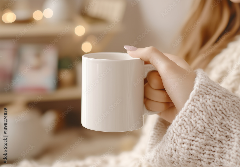 Cozy moment with warm beverage in hand wearing a knitted sweater Cozy moment with warm beverage in hand wearing a knitted sweater