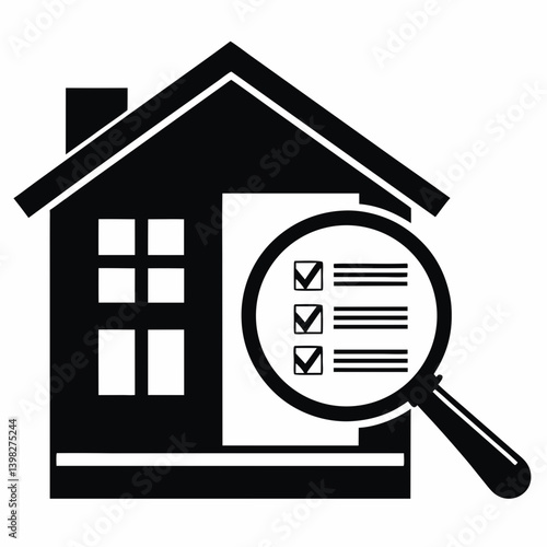 House with checklist and magnifying glass black and white icon