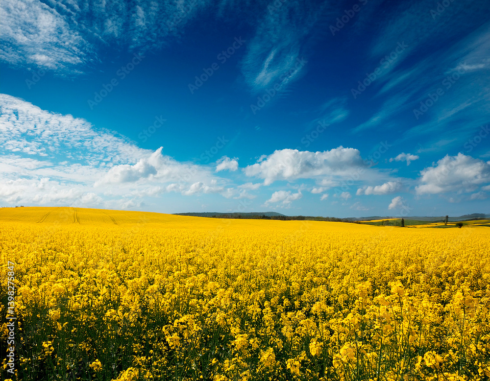 Obraz premium Bright fields of canola under a clear blue sky with fluffy clouds during daytime