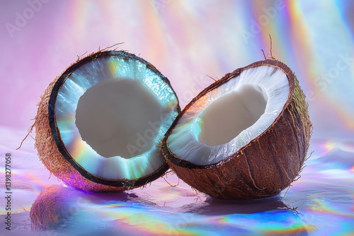 Freshly cut coconut halves showcasing their creamy interior and shiny exterior
