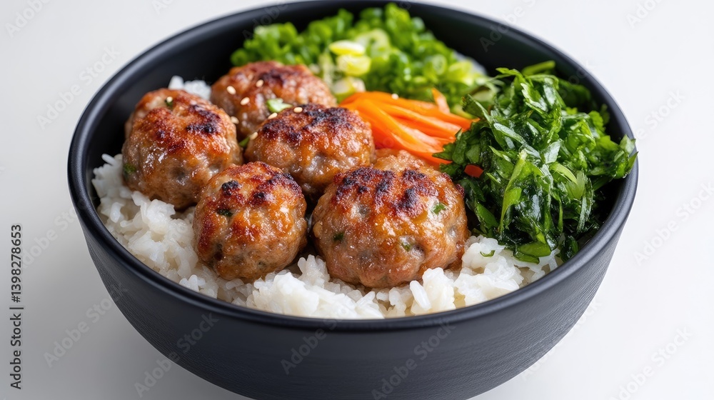 Delicious meal with rice, meatballs, and vegetables Delicious meal with rice, meatballs, and vegetables