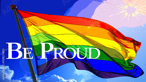 "Be Proud" Rainbow Flag Waving Against Blue Sky –  LGBTQ+ Uplifting Banner with Bold Text & Sun Flare, Vibrant Daylight Shot with Copy Space