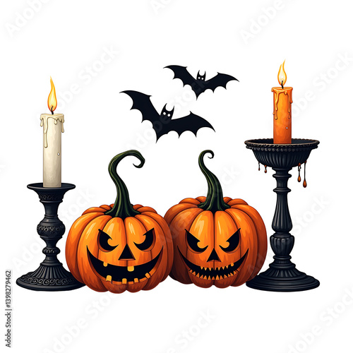 Halloween Pumpkins with Candles and Bats