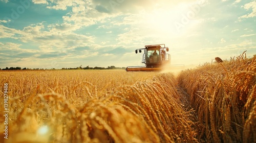 Workers harvesting rice from a cultivated field under sunny skies.