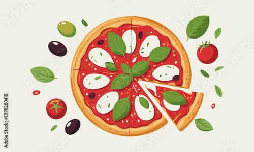Modern vector illustration of a delicious Margherita pizza in a playful, hand-drawn style, easily editable.
