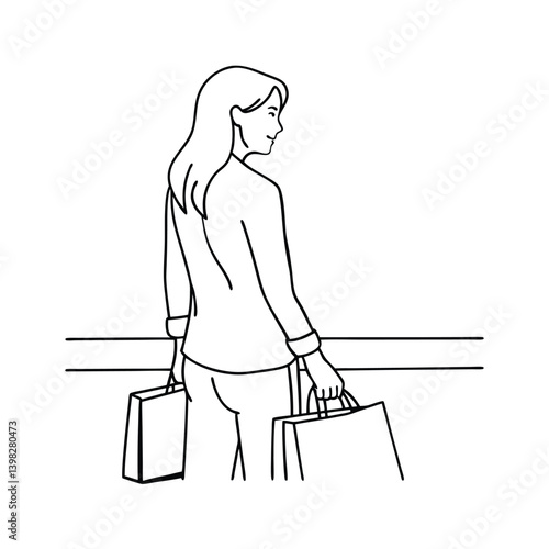 Woman With Shopping Bags Minimalist Outline Illustration Vector Template Design
