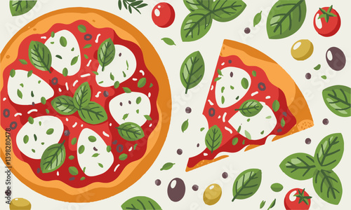 Modern vector illustration of a delicious Margherita pizza in a playful, hand-drawn style, easily editable.