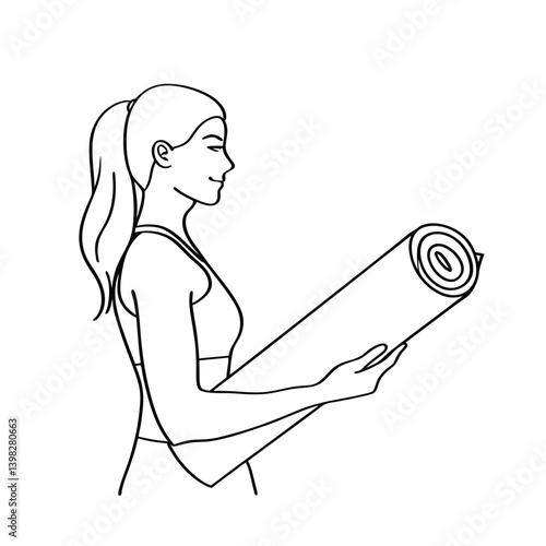 Line Art Illustration Of A Woman Holding Yoga Mat Side View