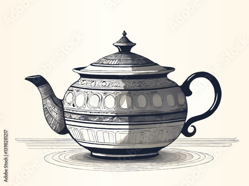 tea pot old fashioned design hand drawn black ink vector illustration