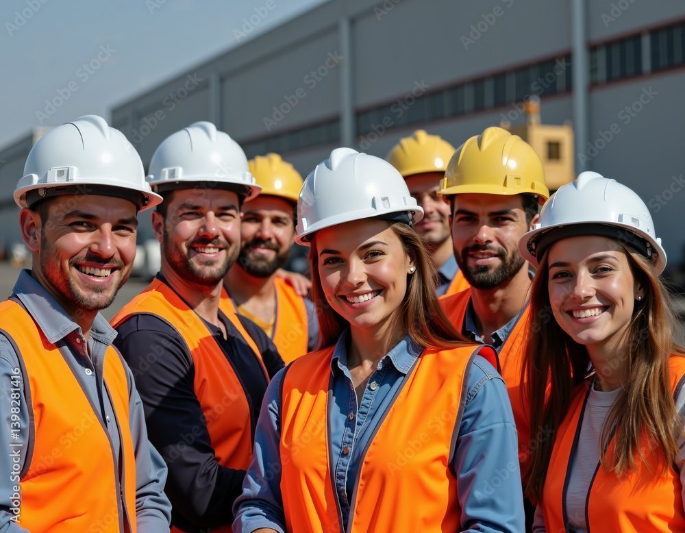 Group of construction workers in safety gear smiling during daylight at a worksite Group of construction workers in safety gear smiling during daylight at a worksite