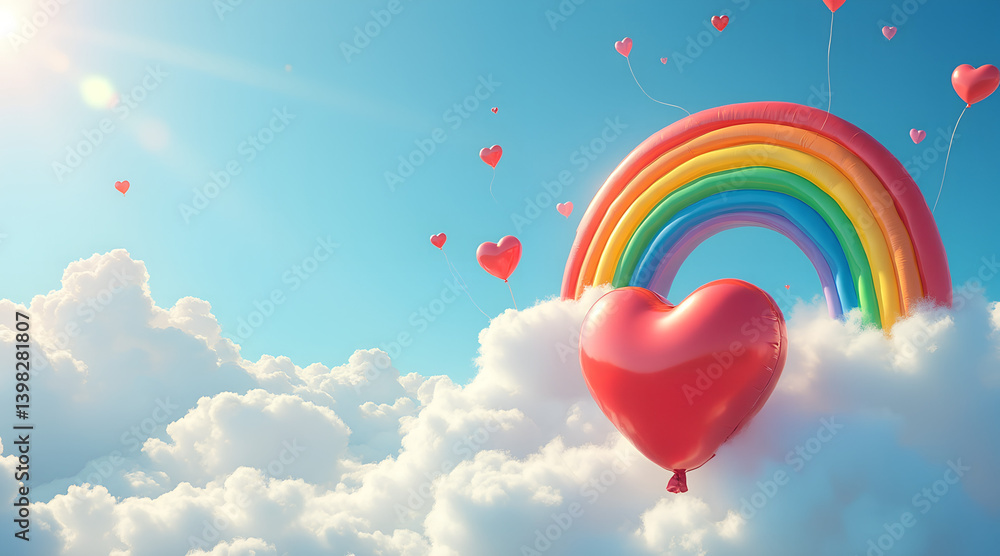 Rainbow Heart Balloon Floating in Sky – Illustration Uplifting LGBTQ+ Symbol with Sunlit Colors & Soft Clouds, Minimalist Design with Copy Space Rainbow Heart Balloon Floating in Sky – Illustration Uplifting LGBTQ+ Symbol with Sunlit Colors & Soft Clouds, Minimalist Design with Copy Space